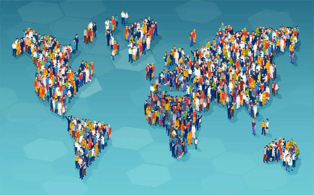 Vector of a large group of diverse people from different country standing on a world map - CDConnet A group of people from various countries is standing on a world map.